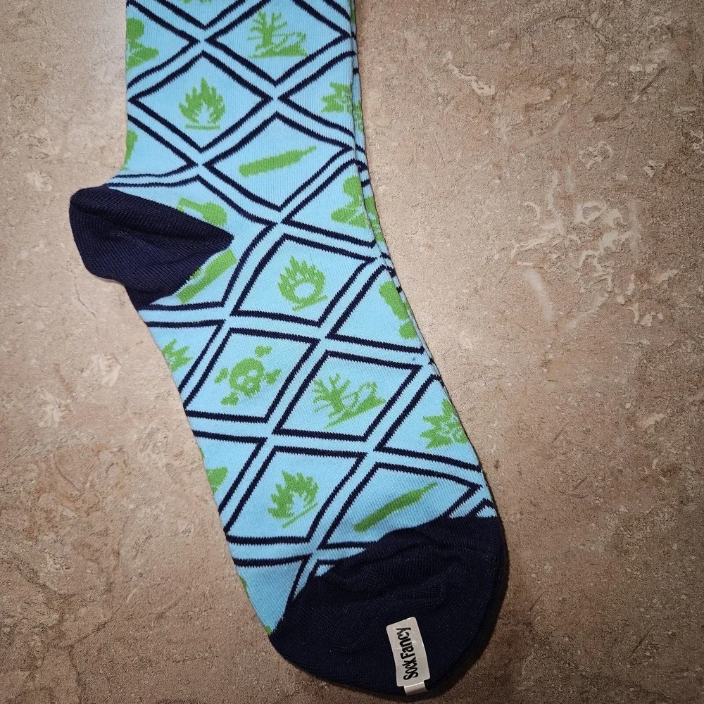 Sock Fancy Crew Socks Men M/L Blue Green Geo Diamond Skull Pattern Novelty Funny